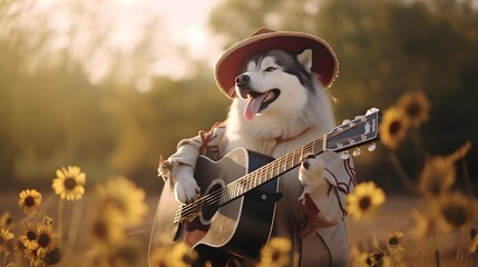 Husky Playing Guitar Singing Country Music Out West.  AI Generated.