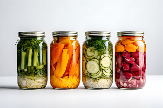 Jars with Different Kinds of Pickled Vegetables on a White Background