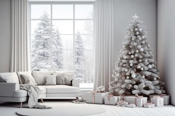 Christmas, white modern living room with a snowy forest outside the window. Modern interior design