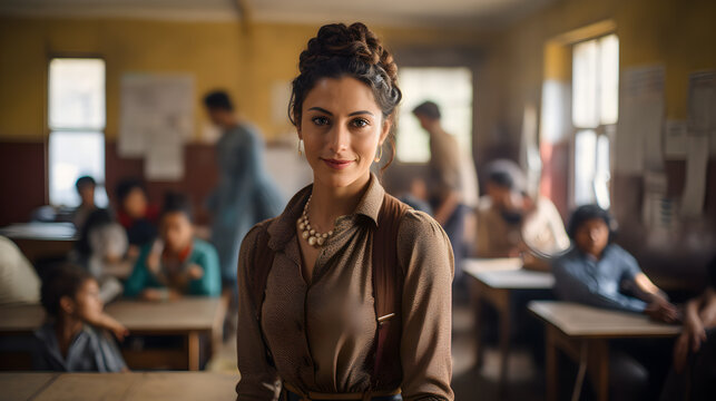 maestra de escuela rural latina en su salon de clases estudiantes al fondo en ambiente alegre