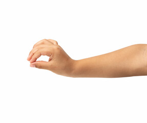 Child hand hanging something blank isolated on a white background