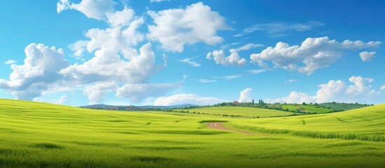 Obraz premium In summer as you travel through Europe the sky transforms into a beautiful blue canvas while the sun bathes the lush green fields of agriculture in its golden glow creating a breathtaking l