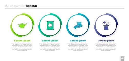 Set Magic lamp or Aladdin, Ancient magic book, Magician hat hand and . Business infographic template. Vector