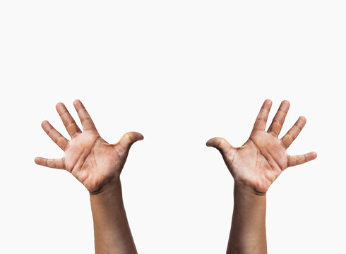 Closeup of children's hands are raised up with white background
