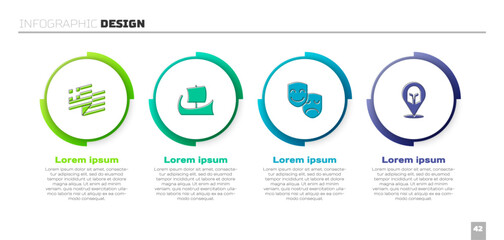 Set Greece national flag, Greek trireme, Comedy and tragedy masks and helmet. Business infographic template. Vector