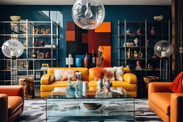 Living room in trendy style. Modern and vintage furniture accompany each other, colorful dishes and rustic chic - maximalism is in full swing.