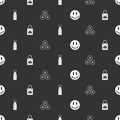 Set Smile face, Spray can nozzle cap, Marker pen and Paint spray on seamless pattern. Vector