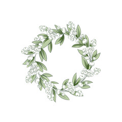Flora and round twig wreath of green leaves and wild white berry in Christmas season color, watercolor style.