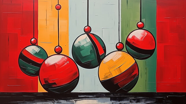 Illustration. Abstraktes Gemälde von vier hängenden bunten Weihnachtskugeln, rot, grün und gelb. Christbaumschmuck Ölgemälde
