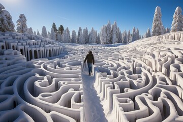 Man exploring a winter maze of snow walls