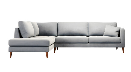 Stylish grey fabric sectional sofa with colourful cushions and wooden legs on a transparent background.