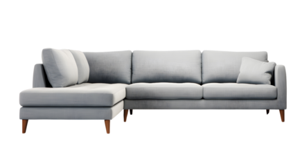 Stylish grey fabric sectional sofa with colourful cushions and wooden legs on a transparent background.
