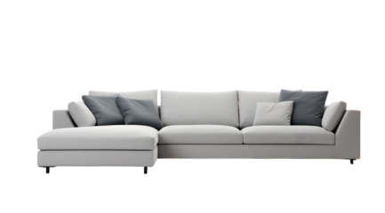 Stylish grey fabric sectional sofa with colourful cushions and wooden legs on a transparent background.