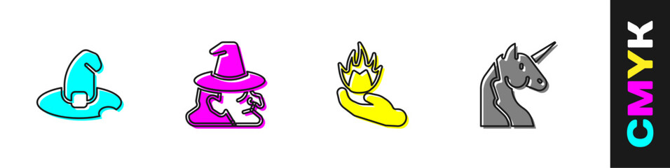 Set Witch hat, , Hand holding fire and Unicorn icon. Vector