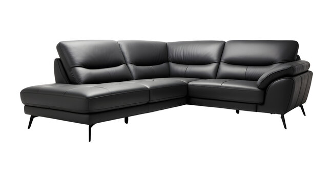 Elegant black leather sectional sofa on a transparent background.