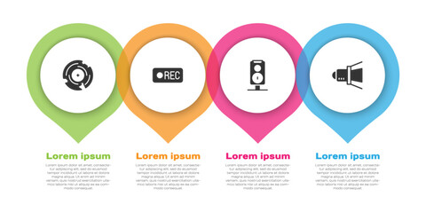 Set Vinyl disk, Record button, Stereo speaker and Movie spotlight. Business infographic template. Vector