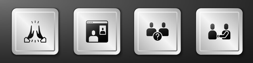 Set Informal greeting, Video chat conference, Complicated relationship and Happy friendship day icon. Silver square button. Vector