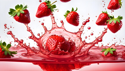 A full background of raw strawberry juice pulp splashes with some strawberries flying around