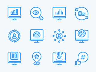 Search Engine Optimization vector line icons. SEO and Business research outline icon set. Research, Target Audience, Marketing, Statistics, Performance, Online Advertising and more.