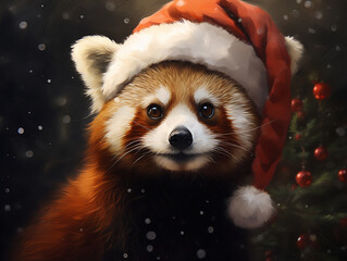 An Oil Painting Portrait of a Red Panda Dressed Like Santa Claus in a Christmas Setting