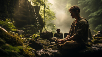 A man is meditating on rocks in a misty forest with sunlight filtering through the trees