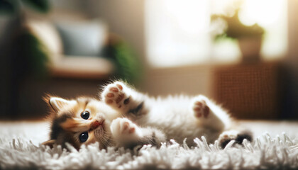 Adorable kitten lying back on a fluffy white rug, paws playfully in the air, in a serene indoor