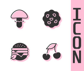 Set Fresh berries, Mushroom, Vegan food diet and Cookie or biscuit icon. Vector