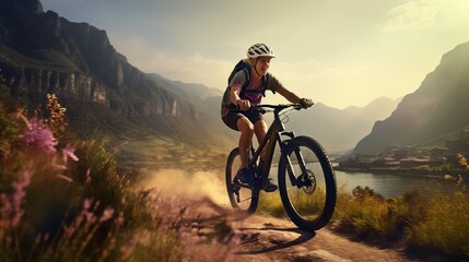 Old woman riding bicycle on beautiful mountain