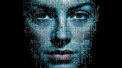 Woman's Face On A Blue Technology Circuits Matrix Binary Code Background. Created With Generative AI.