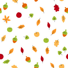 Seamless autumn pattern with leaves, apples, acorns. Clip art elements in red, yellow, green colors on white backround.  Illustration for textile, fabric, print design, wallpaper, gift paper. Vector