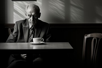 Elderly man sitting alone at a table, nursing home, loneliness