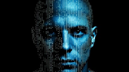 Man's Face In A Blue Technology Circuits Matrix Binary Code Background.  Created With Generative AI.
