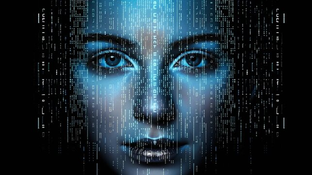 Woman's Face On A Blue Technology Circuits Matrix Binary Code Background.  Created With Generative AI.