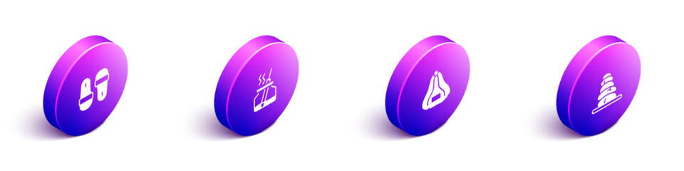 Set Isometric Sauna slippers, Aroma diffuser, hat and Stack hot stones icon. Vector