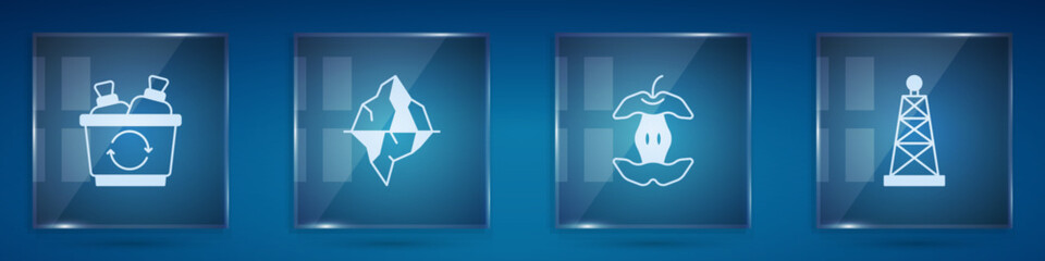 Set Recycle bin, Iceberg, Apple core and Oil rig. Square glass panels. Vector