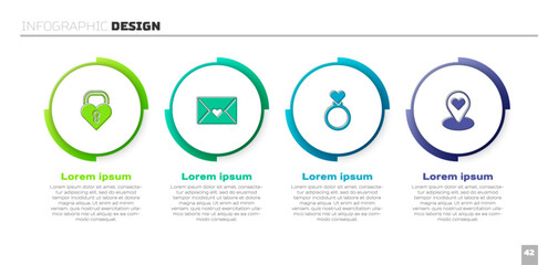 Set Castle in the shape of heart, Envelope with Valentine, Wedding rings and Location. Business infographic template. Vector