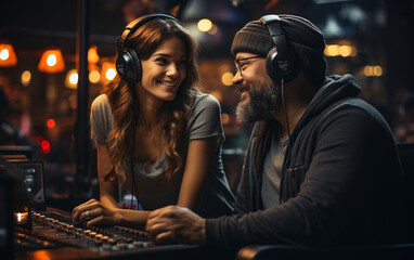 dwie osoby siedzą w studiu radiowym w czasie bożego narodzenia w słuchawkach przed mikrofonem i prowadzą rozmowę - obrazy, fototapety, plakaty
