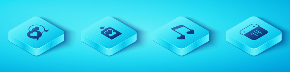 Set Isometric Heart in speech bubble, Perfume, Calendar with February 14 and Music note, tone hearts icon. Vector