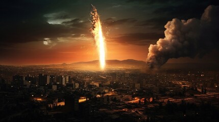 Missile Strike Onto An Inhabited Densely Populated City In The Middle East.  AI Generated.