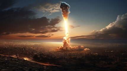 Missile Strike Onto An Inhabited Densely Populated City In The Middle East.  AI Generated.