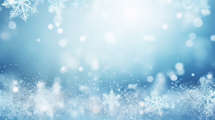 Naklejka na ściany i meble Falling snowflakes on blue background. Blurred bokeh of Christmas lights