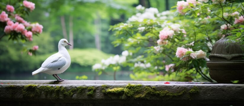 In Japan s serene park the white bird gracefully soared above the lush green landscape framed by a backdrop of a tranquil forest a peaceful water fountain and vibrant gardens creating a bea