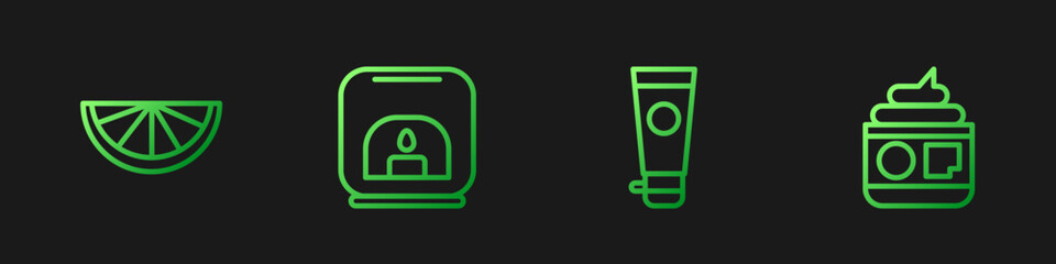 Set line Cream or lotion cosmetic tube, Citrus fruit, Aroma lamp and . Gradient color icons. Vector