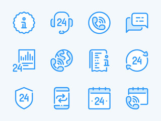 Customer Support Service and Helpline vector line icons. Phone Assistance and Consulting outline icon set. Chat, Help, Information Report, International Call, Question and more.