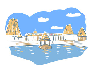 Ekambareswarar temple Hindu deity Shiva Kanchipuram in Tamil Nadu India religion institution vector sketch city illustration line art sketch simple - 676028906