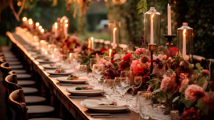 Wedding outdoor dinner table elegant setting with flowers rustic fete party outside select long banquet dining tablescape