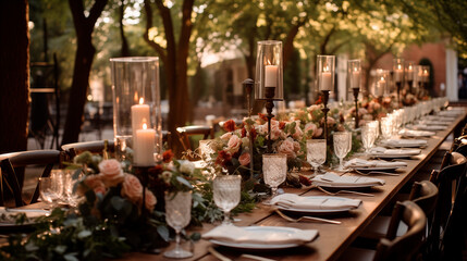 Wedding outdoor dinner table elegant setting with flowers rustic fete party outside select long banquet dining tablescape