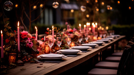 Wedding outdoor dinner table elegant setting with flowers rustic fete party outside select long banquet dining tablescape - obrazy, fototapety, plakaty