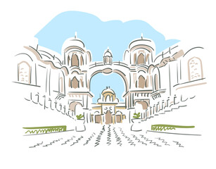 Iskcon Temple Uttar India religion institution vector sketch city illustration line art sketch simple