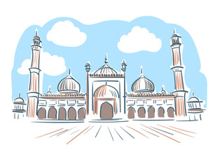 Jama Masjid Agra Uttar Pradesh India religion institution vector sketch city illustration line art sketch simple